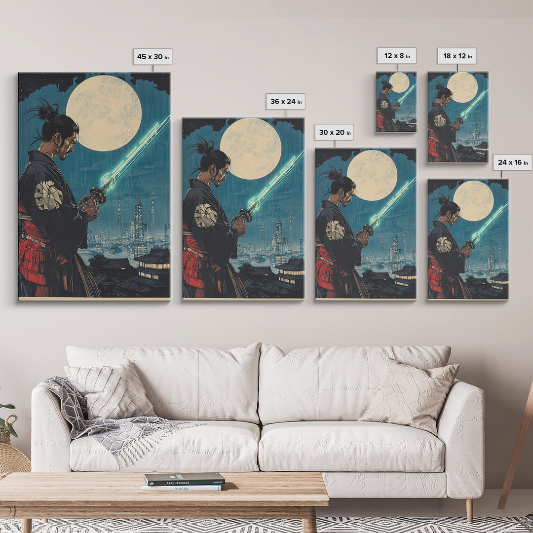 Cyber Samurai Under Full Moon Wall Art, Japanese Warrior Print, Sci Fi Cityscape, Neon Sword Decor, Masculine Office Art