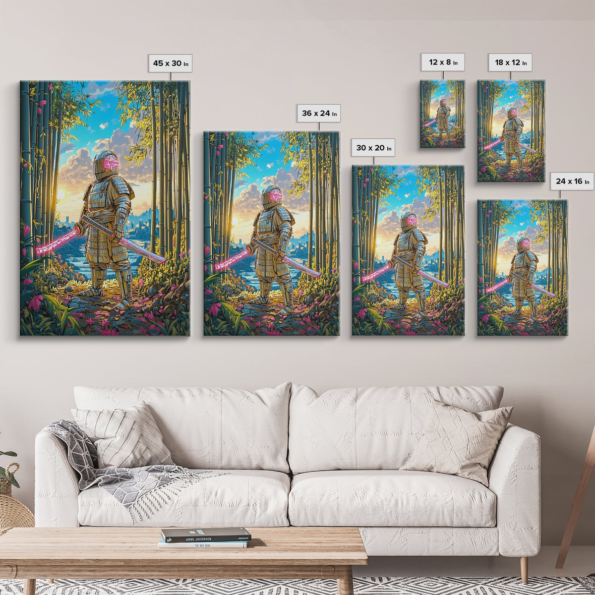 Armored Samurai In Bamboo Forest Canvas Print, Japanese Wall Art, Neon Sword Landscape, Sci Fi Warrior Decor, Gift For Him
