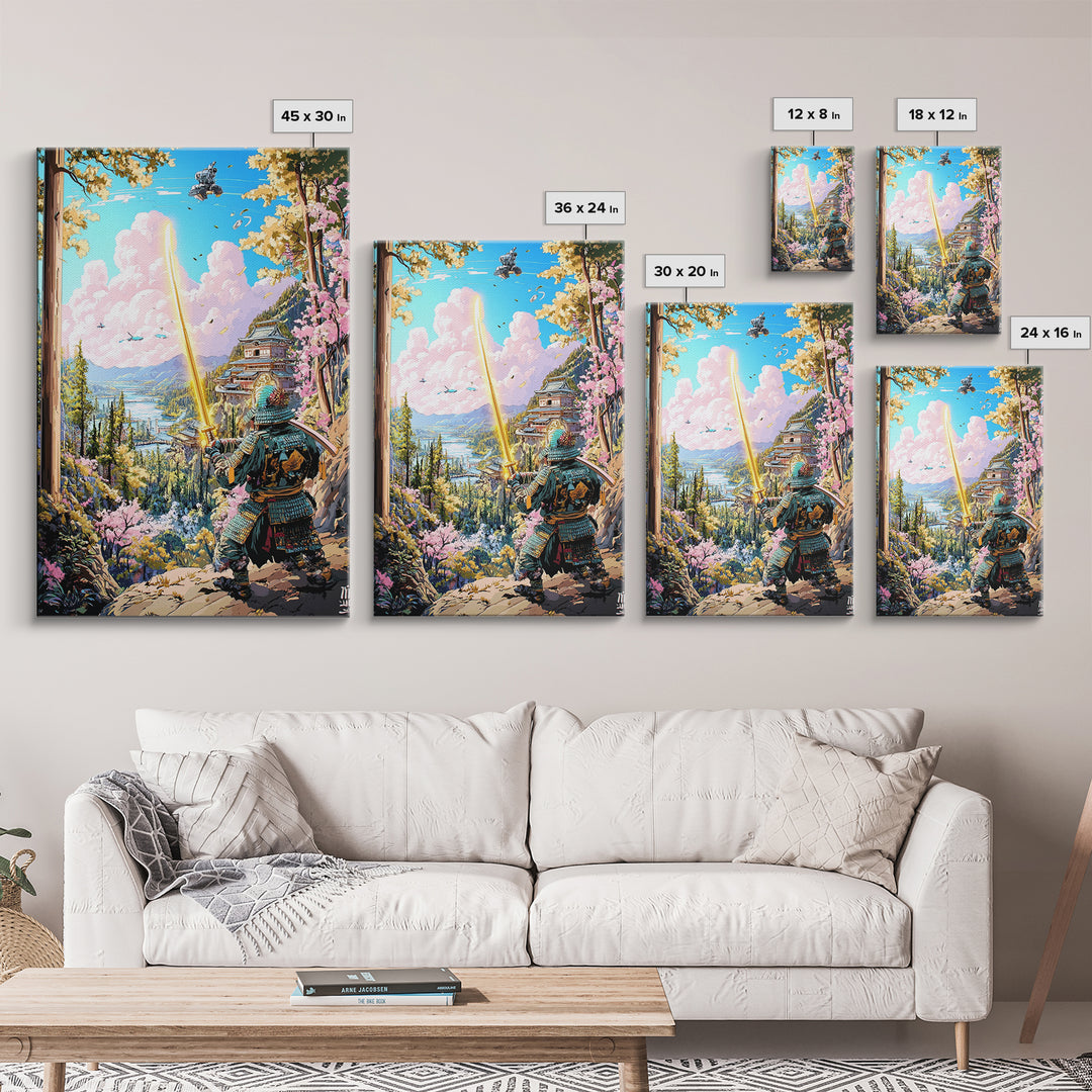Samurai With Golden Sword Above Mountain Castle Wall Art, Japanese Landscape Print, Cherry Blossom Decor, Fantasy Wall Decor
