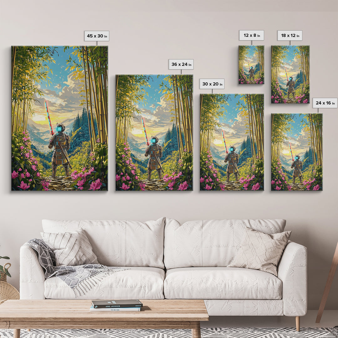 Neon Samurai In Bamboo Mountain Valley Canvas Print, Japanese Wall Art, Sunrise Landscape, Fantasy Home Decor, Gift For Him