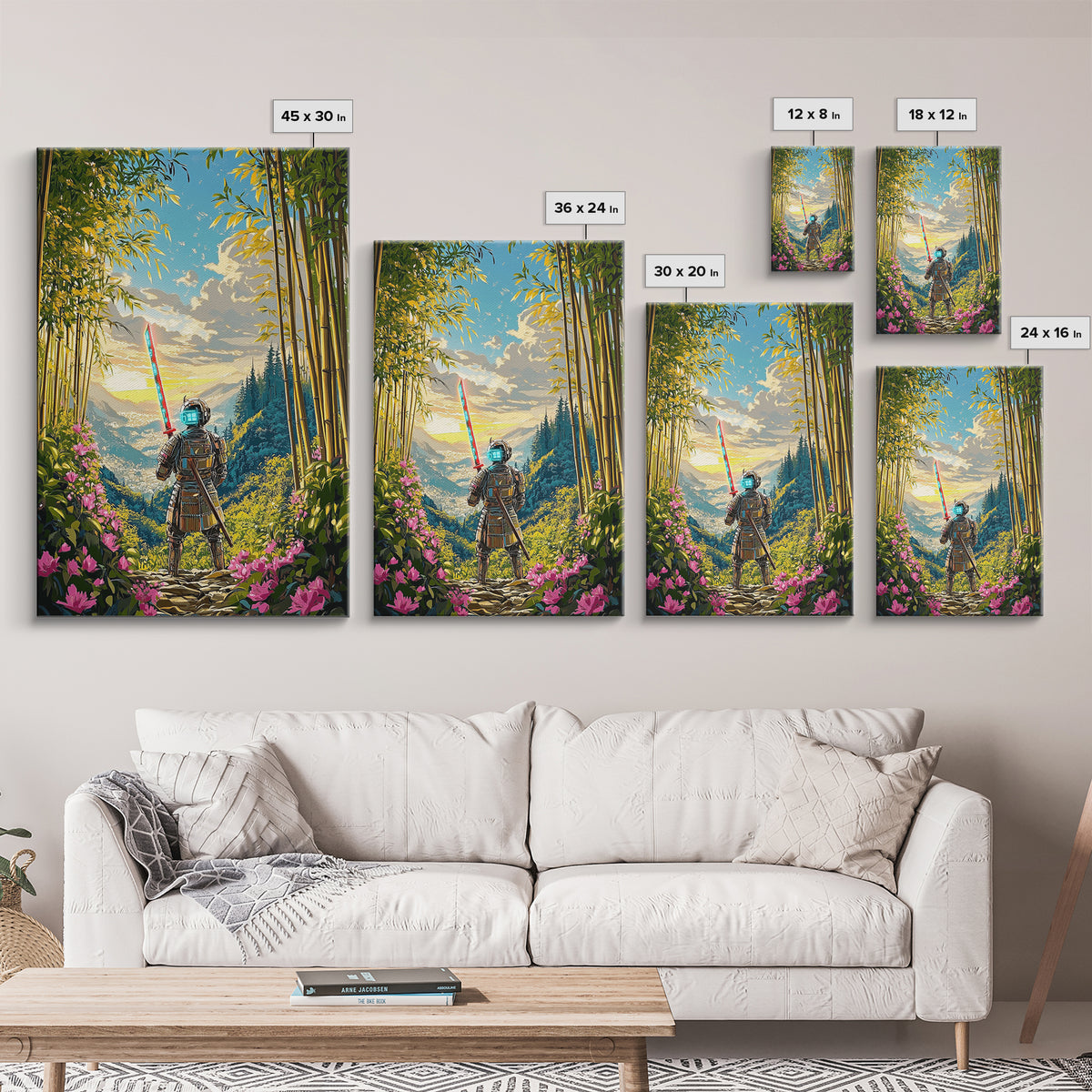 Neon Samurai In Bamboo Mountain Valley Canvas Print, Japanese Wall Art, Sunrise Landscape, Fantasy Home Decor, Gift For Him