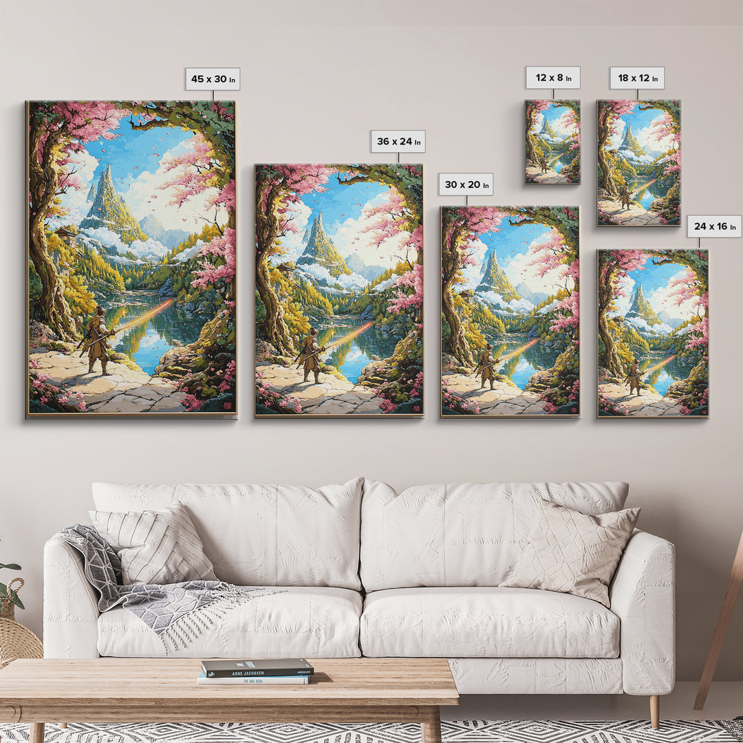 Wandering Samurai By Lake And Mountain Castle Wall Art, Japanese Fantasy Landscape, Cherry Blossom Print, Scenic Home Decor