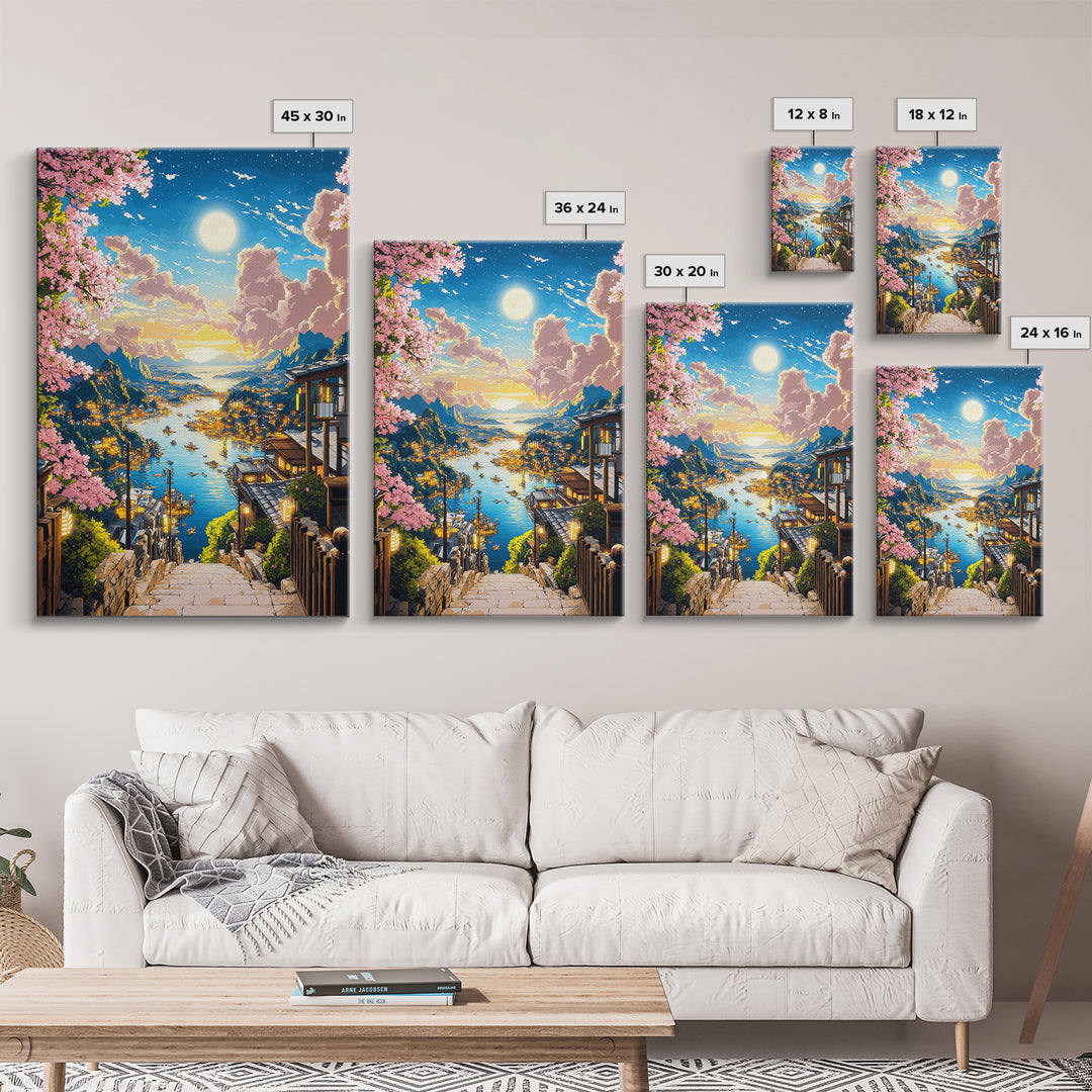 Moonlit Harbor Steps With Cherry Blossoms Wall Art, Japanese Coastal Landscape, Fantasy Seascape Print, Living Room Decor
