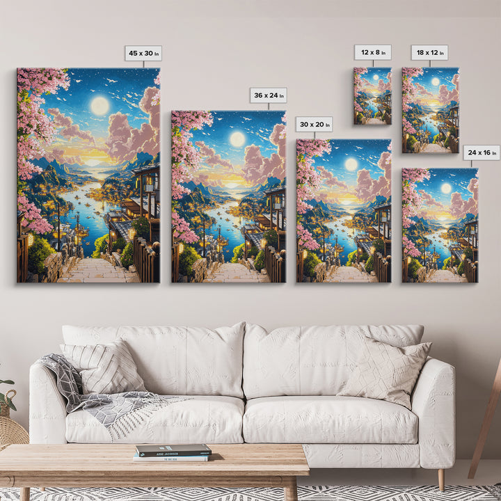 Moonlit Harbor Steps With Cherry Blossoms Wall Art, Japanese Coastal Landscape, Fantasy Seascape Print, Living Room Decor