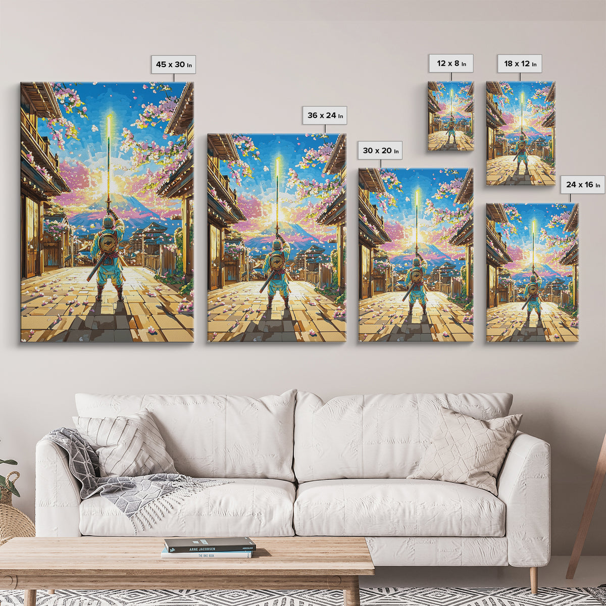 Samurai Raising Neon Sword In Cherry Blossom Village Canvas Print, Japanese Wall Art, Mount Fuji Decor, Fantasy Gift For Him