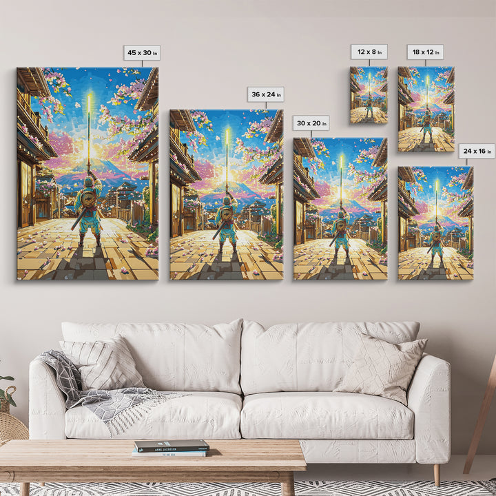 Samurai Raising Neon Sword In Cherry Blossom Village Canvas Print, Japanese Wall Art, Mount Fuji Decor, Fantasy Gift For Him