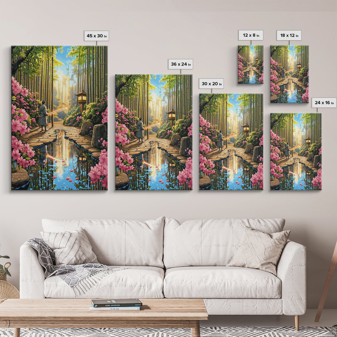Samurai In Bamboo Garden With Cherry Blossoms Wall Art, Japanese Fantasy Canvas, Zen Landscape, Living Room Decor, Home Decor Gift