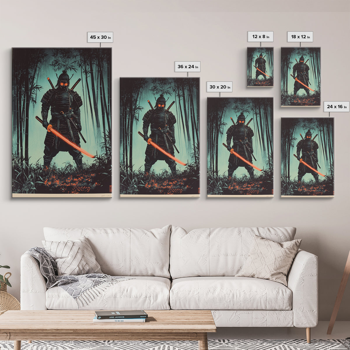 Dark Samurai In Bamboo Forest Framed Canvas Print, Japanese Warrior Wall Decor, Cyberpunk Fantasy Art, Gift For Him, Moody Office Decor