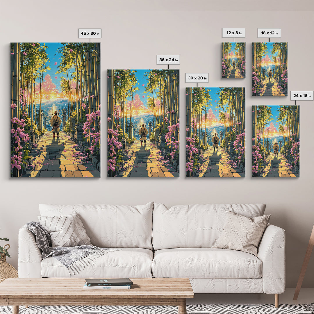 Lone Samurai On Bamboo Path At Sunrise Wall Art, Japanese Landscape Canvas, Cherry Blossom Decor, Zen Living Room Art, Housewarming Gift
