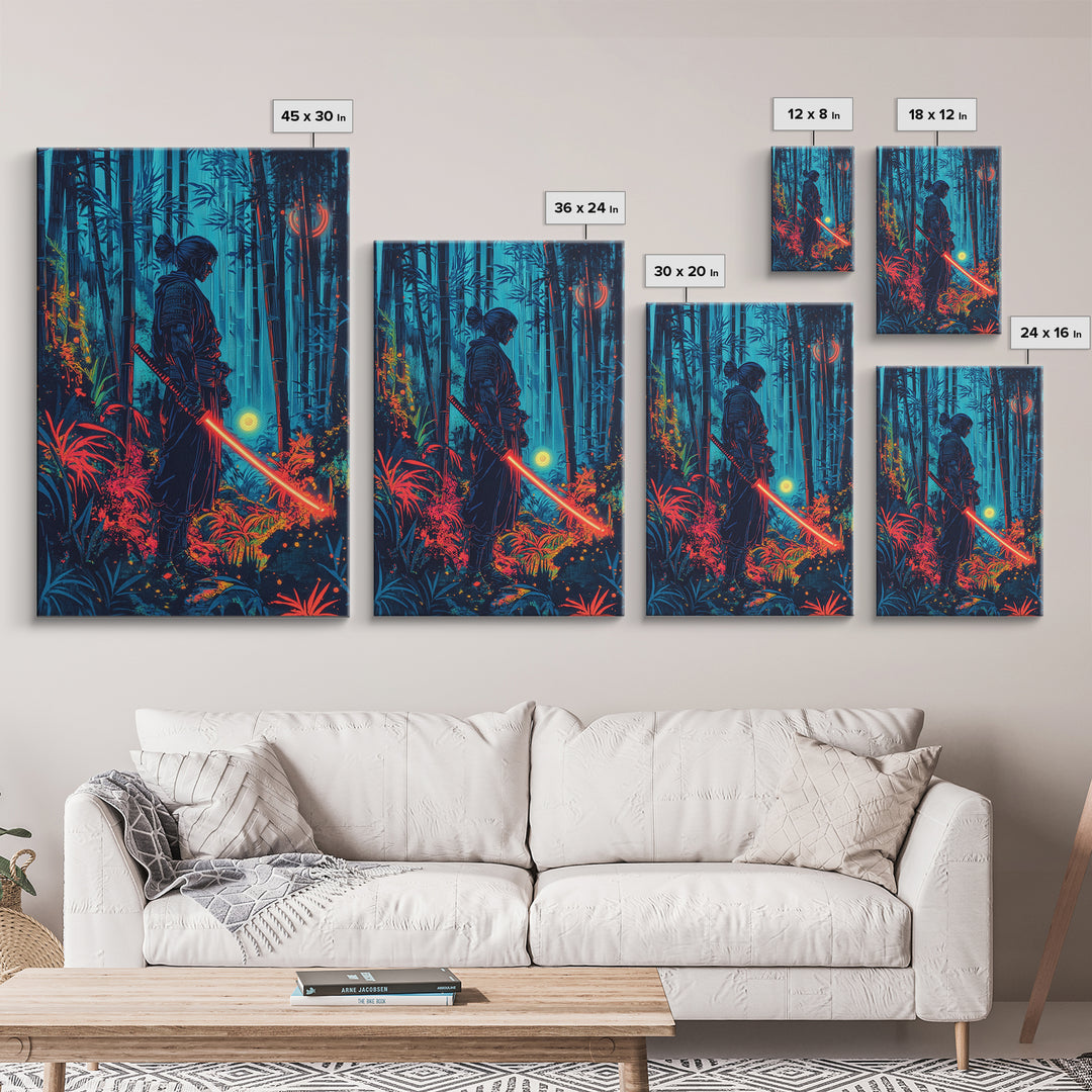 Neon Samurai In Blue Bamboo Forest Canvas Print, Cyberpunk Japanese Wall Art, Dark Fantasy Decor, Gaming Room Gift For Him