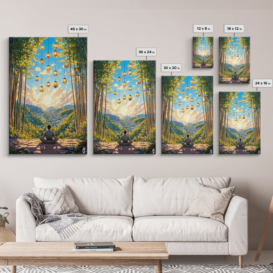 Meditating Figure In Bamboo Valley With Lanterns Wall Art, Zen Landscape Canvas, Japandi Decor, Calm Meditation Room Art