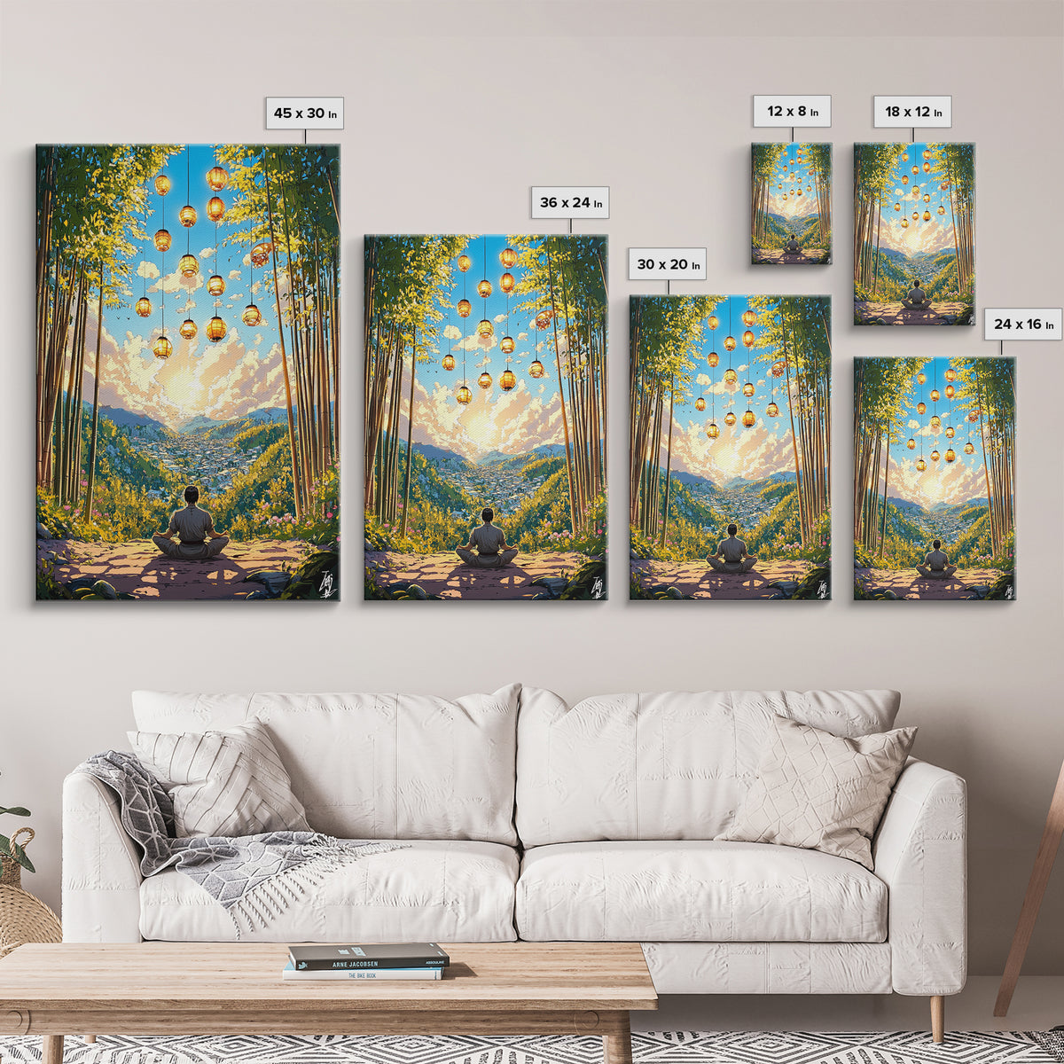 Meditating Figure In Bamboo Valley With Lanterns Wall Art, Zen Landscape Canvas, Japandi Decor, Calm Meditation Room Art