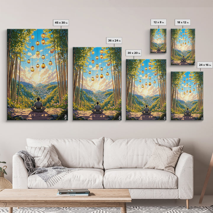 Meditating Figure In Bamboo Valley With Lanterns Wall Art, Zen Landscape Canvas, Japandi Decor, Calm Meditation Room Art