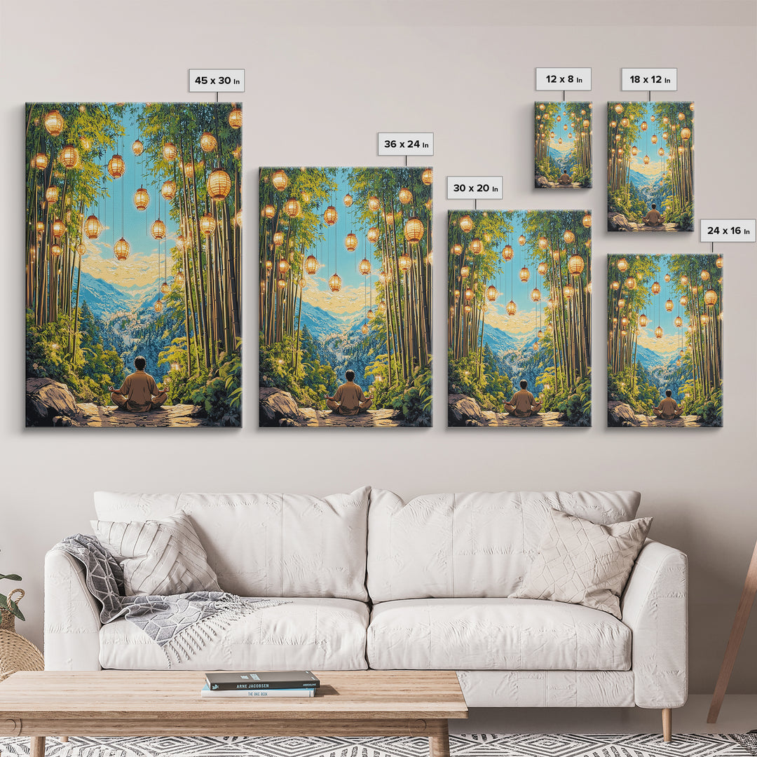Lantern Lit Bamboo Meditation Mountain Wall Art, Japanese Zen Decor, Spiritual Nature Print, Calming Office Living Room Decor