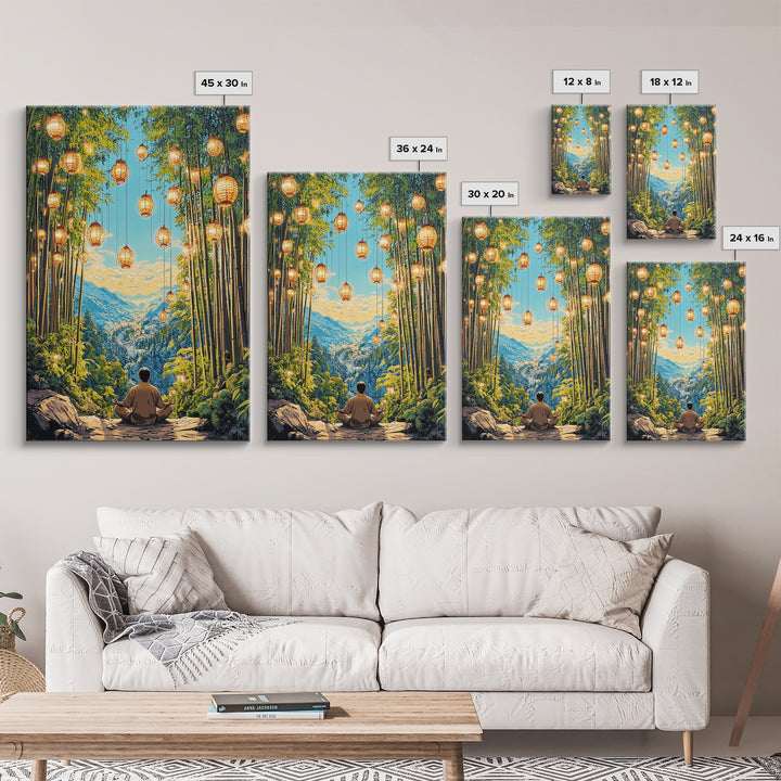 Lantern Lit Bamboo Meditation Mountain Wall Art, Japanese Zen Decor, Spiritual Nature Print, Calming Office Living Room Decor
