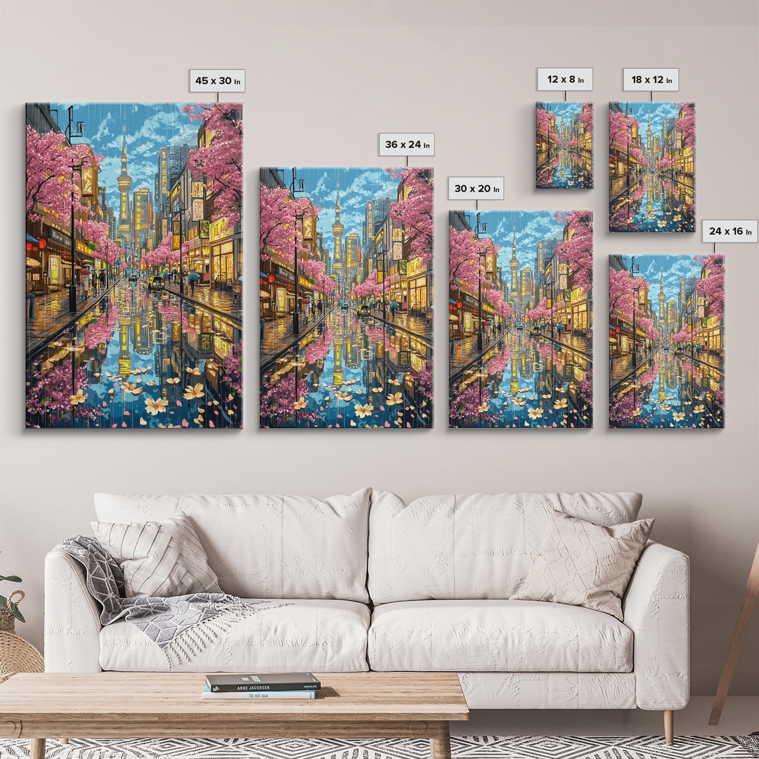 Rainy Tokyo Cherry Blossom Street Wall Art, Japanese Cityscape Print, Neon Urban Travel Poster, Modern Living Room Decor