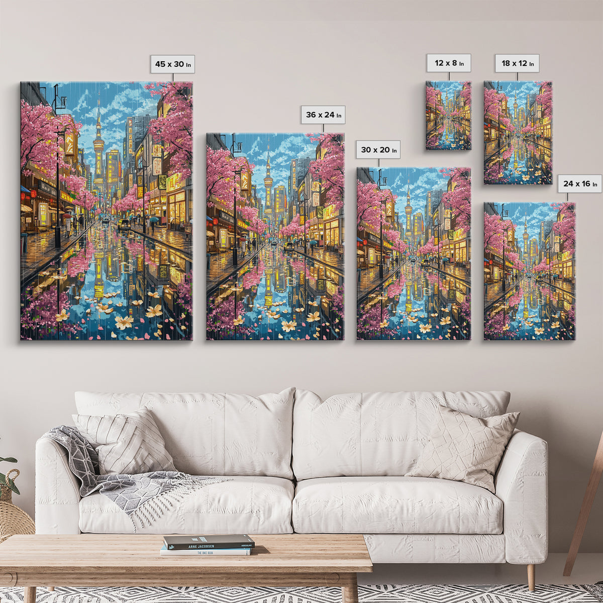 Rainy Tokyo Cherry Blossom Street Wall Art, Japanese Cityscape Print, Neon Urban Travel Poster, Modern Living Room Decor