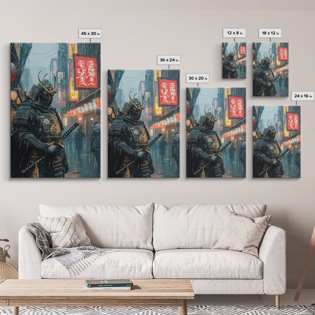 Armored Samurai In Rainy Neon Alley Canvas Print, Japanese Warrior Wall Art, Cyberpunk Decor, Dramatic Office Poster Gift For Him