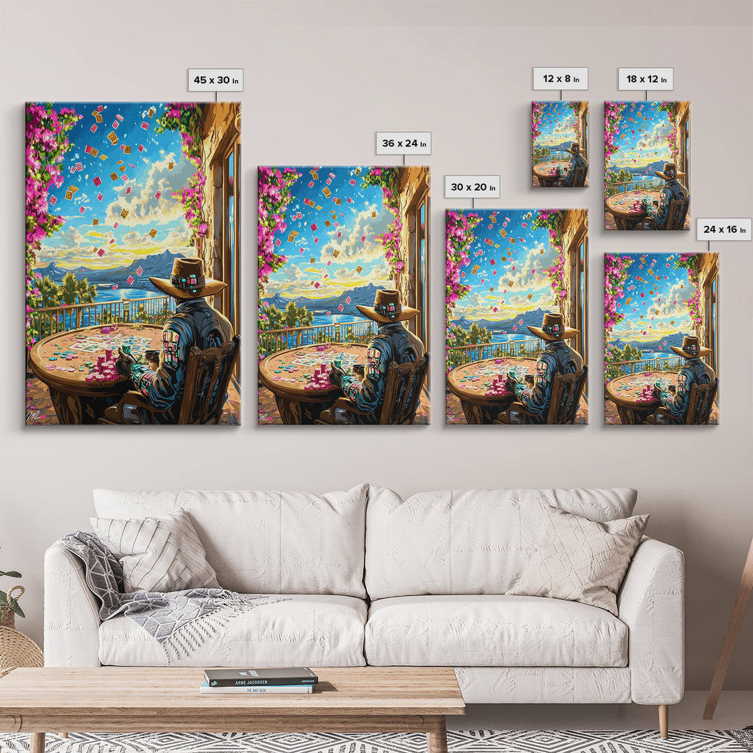 Cyber Cowboy Poker Terrace Wall Art, Southwestern Desert Canvas Print, Futuristic Western Decor, Game Room Unique Gift For Him