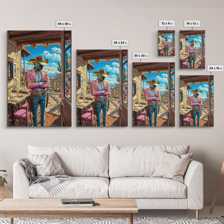 Floral Jacket Cyber Cowboy Portrait Wall Art, Futuristic Western Canvas Print, Desert Fashion Poster, Bold Maximalist Decor