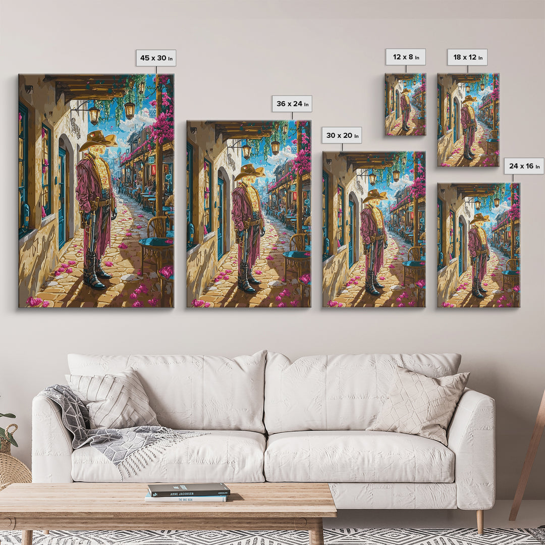 Cyber Western Cowboy In Sunlit Old Town Wall Art, Southwestern Travel Poster, Futuristic Canvas Print, Eclectic Home Decor