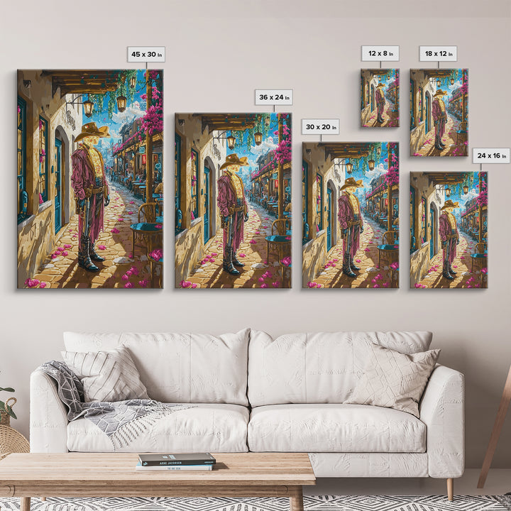 Cyber Western Cowboy In Sunlit Old Town Wall Art, Southwestern Travel Poster, Futuristic Canvas Print, Eclectic Home Decor