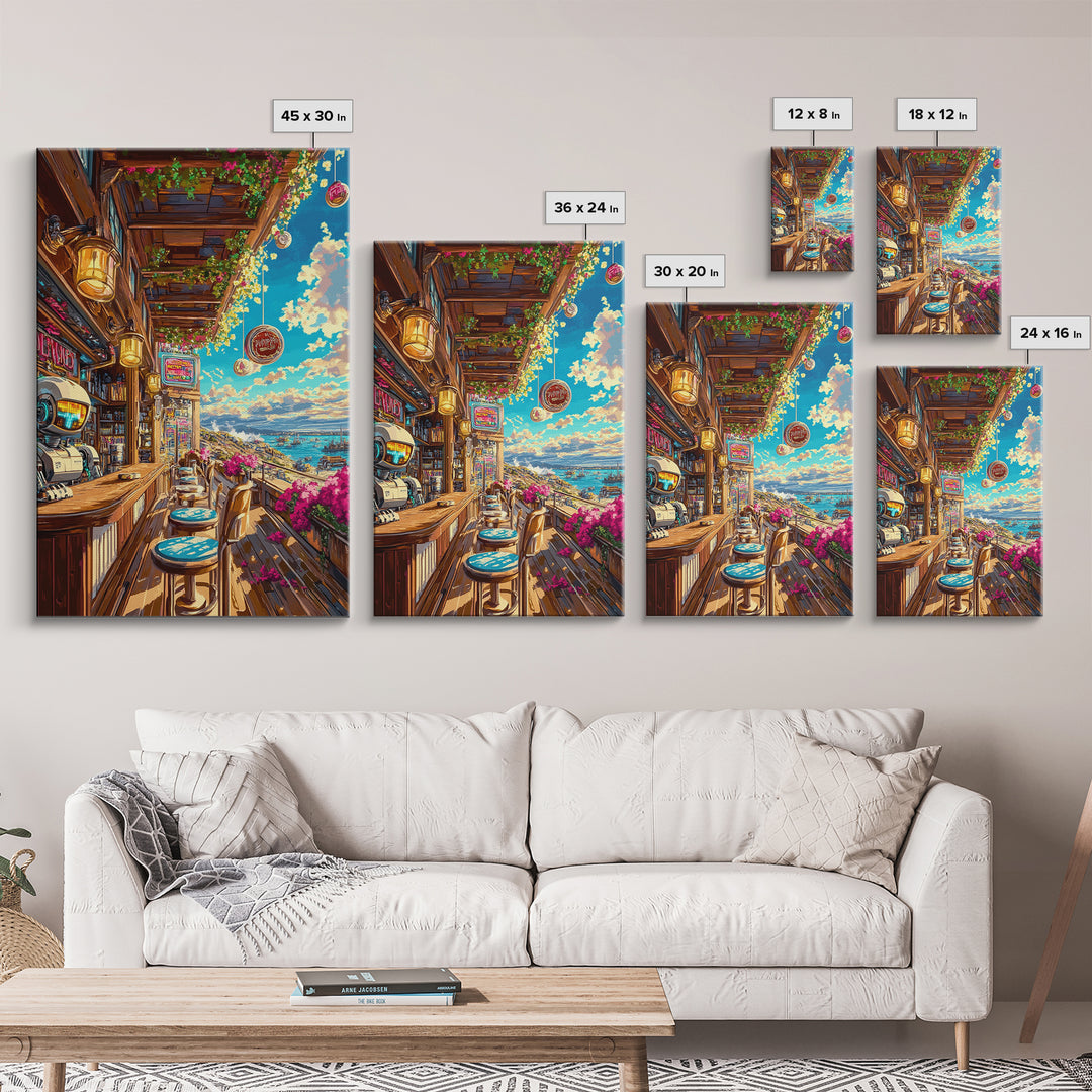 Seaside Sci Fi Cafe Balcony At Golden Hour Framed Canvas Print, Coastal Wall Art, Travel Poster, Living Room Ocean View Home Decor