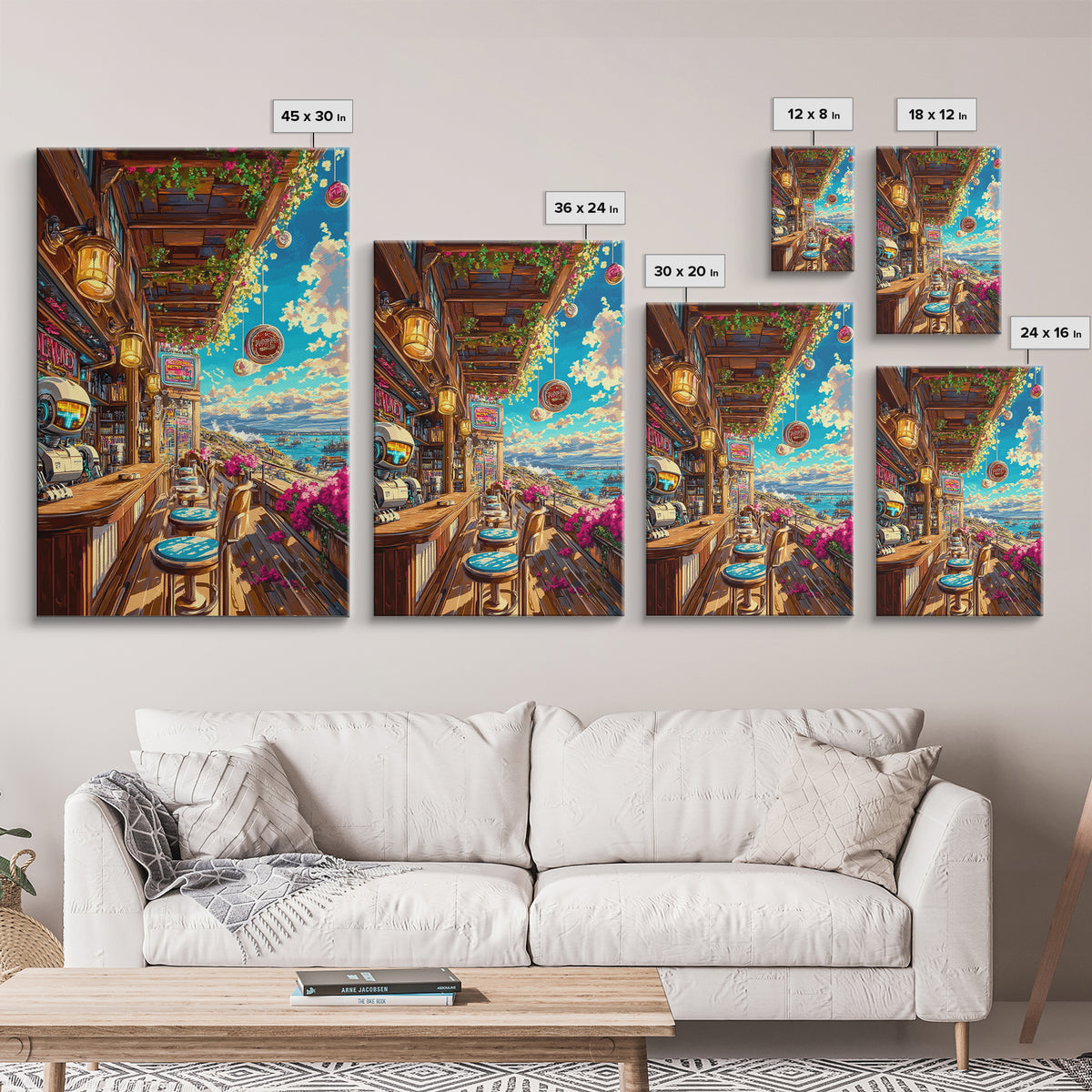 Seaside Sci Fi Cafe Balcony At Golden Hour Framed Canvas Print, Coastal Wall Art, Travel Poster, Living Room Ocean View Home Decor