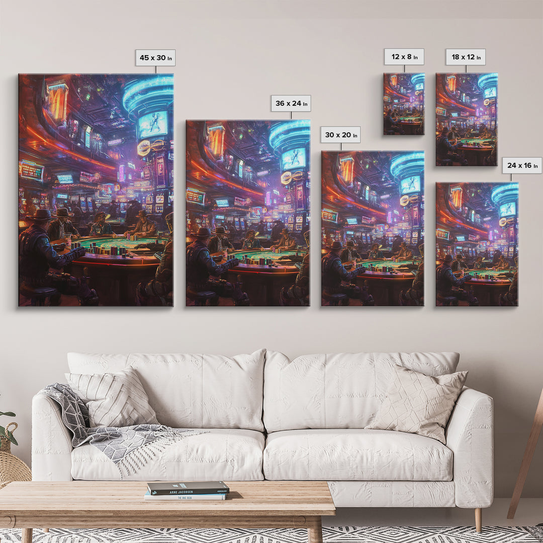 Neon Cyberpunk Poker Room With Outlaws Canvas Print, Futuristic Wall Art, Casino Poster, Man Cave And Game Room Decor For Him Gift