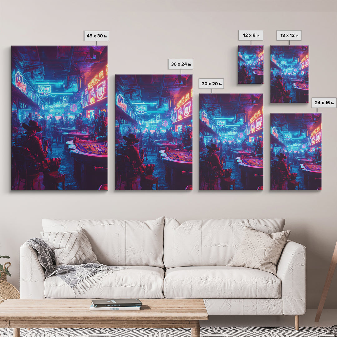 Blue Pink Neon Western Casino Bar Wall Art, Cyberpunk Poster, Futuristic Gaming Room Decor, Man Cave Gift For Him, Trendy Sci Fi Home Decor