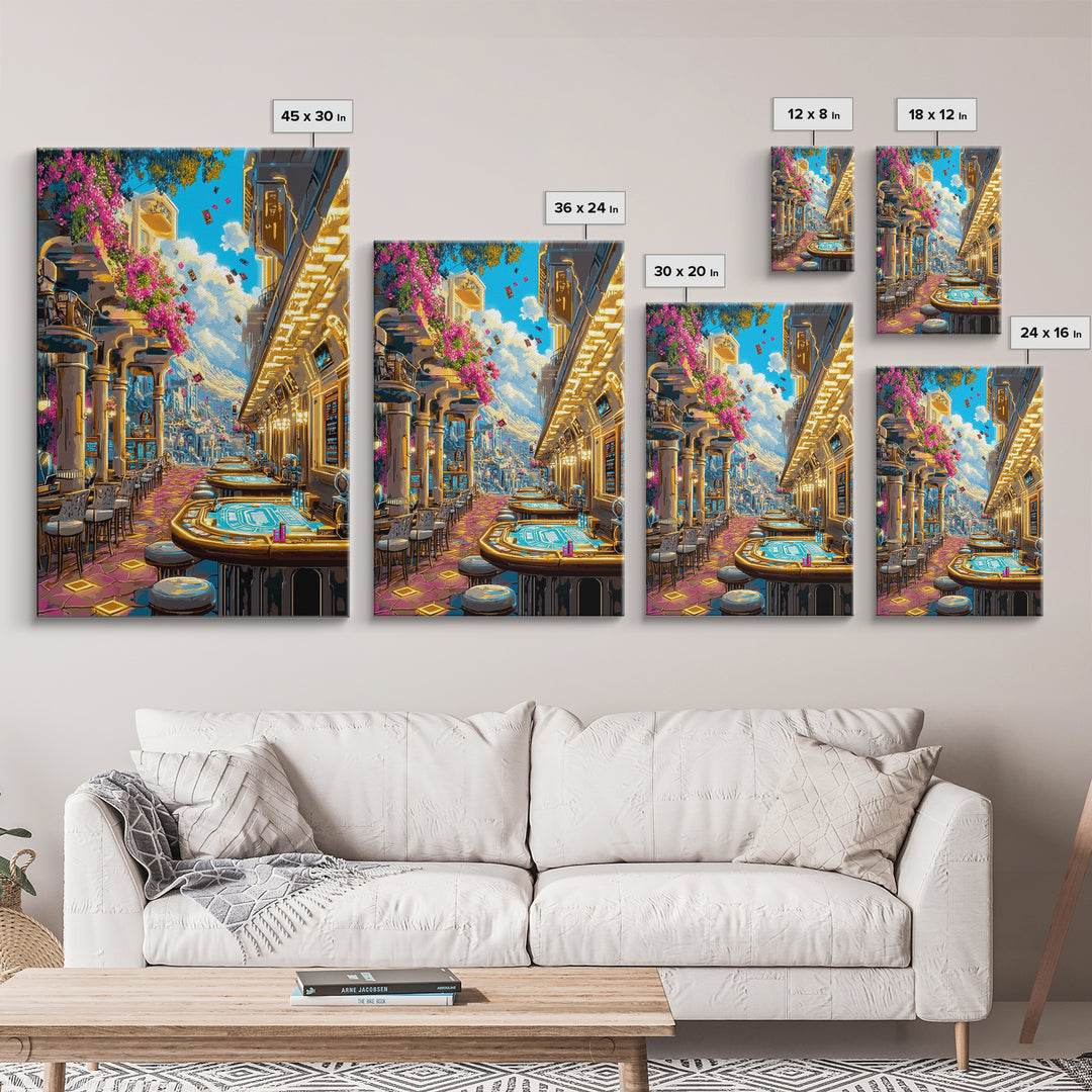 Futuristic Flower Lined Casino Street Canvas Print, Colorful Wall Art, Sci Fi City Travel Poster, Modern Living Room Decor
