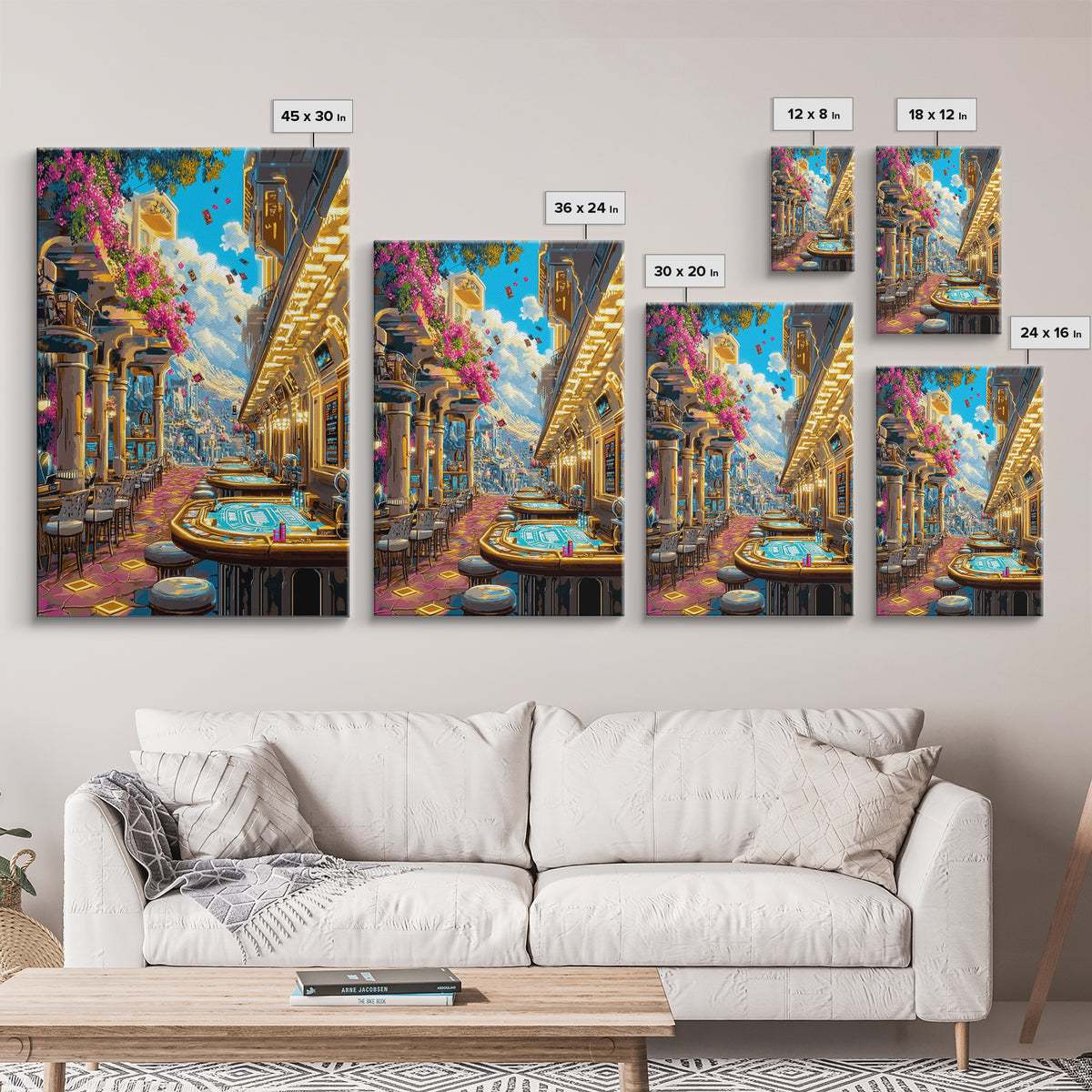 Futuristic Flower Lined Casino Street Canvas Print, Colorful Wall Art, Sci Fi City Travel Poster, Modern Living Room Decor