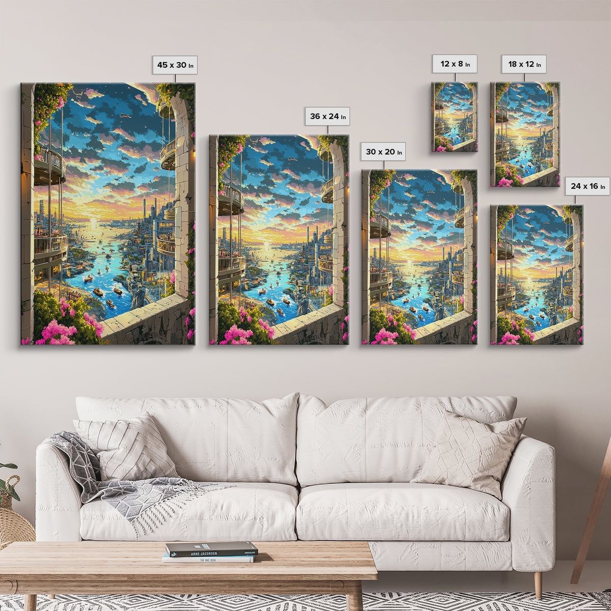 Sunset Harbor City View Between Balconies Framed Canvas Print, Coastal Wall Art, Fantasy Landscape, Above Bed Decor, Living Room Decor