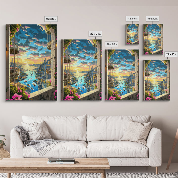 Sunset Harbor City View Between Balconies Framed Canvas Print, Coastal Wall Art, Fantasy Landscape, Above Bed Decor, Living Room Decor