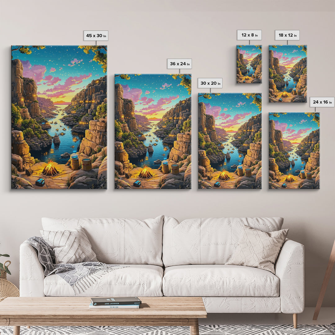 Starry Canyon River Camp At Sunset Canvas Print, Fantasy Wall Art, Adventure Landscape, Rustic Cabin And Game Room Decor