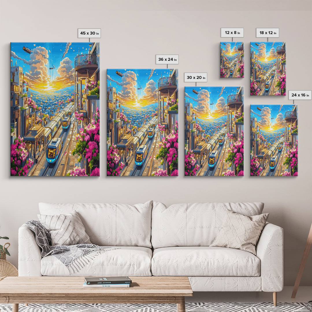 Sunset City Train Tracks With Flower Balconies Canvas Print, Futuristic Wall Art, Urban Travel Poster, Modern Home Decor