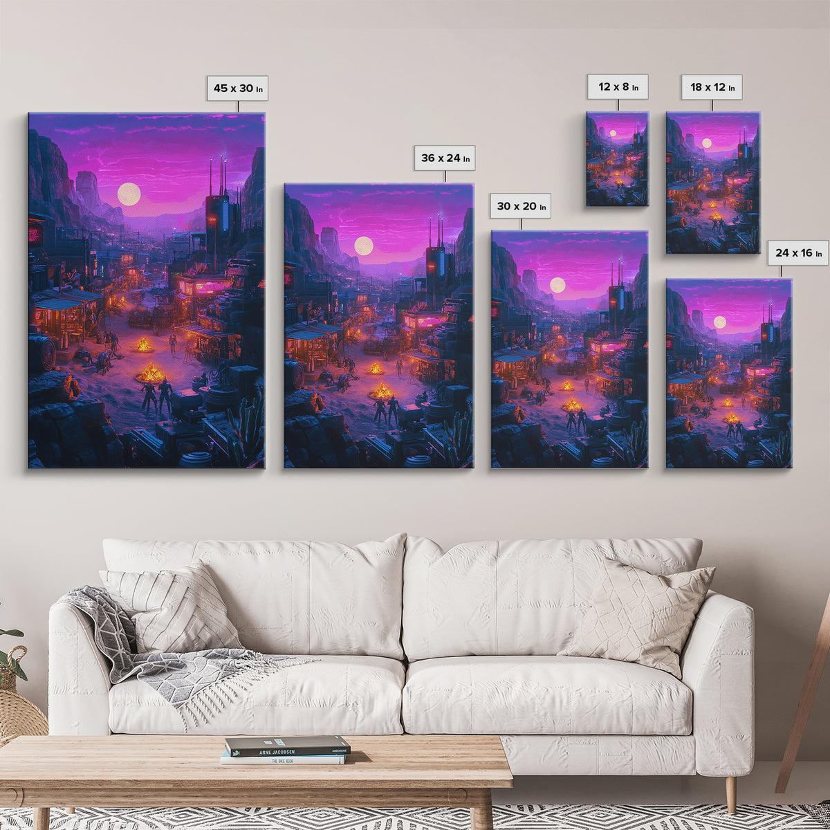 Purple Moon Cyberpunk Desert Settlement Wall Art, Sci Fi Western Poster, Dystopian Landscape, Gaming Room Decor Gift For Him