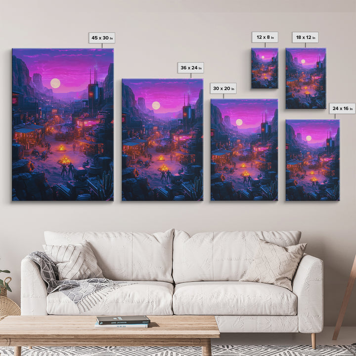 Purple Moon Cyberpunk Desert Settlement Wall Art, Sci Fi Western Poster, Dystopian Landscape, Gaming Room Decor Gift For Him
