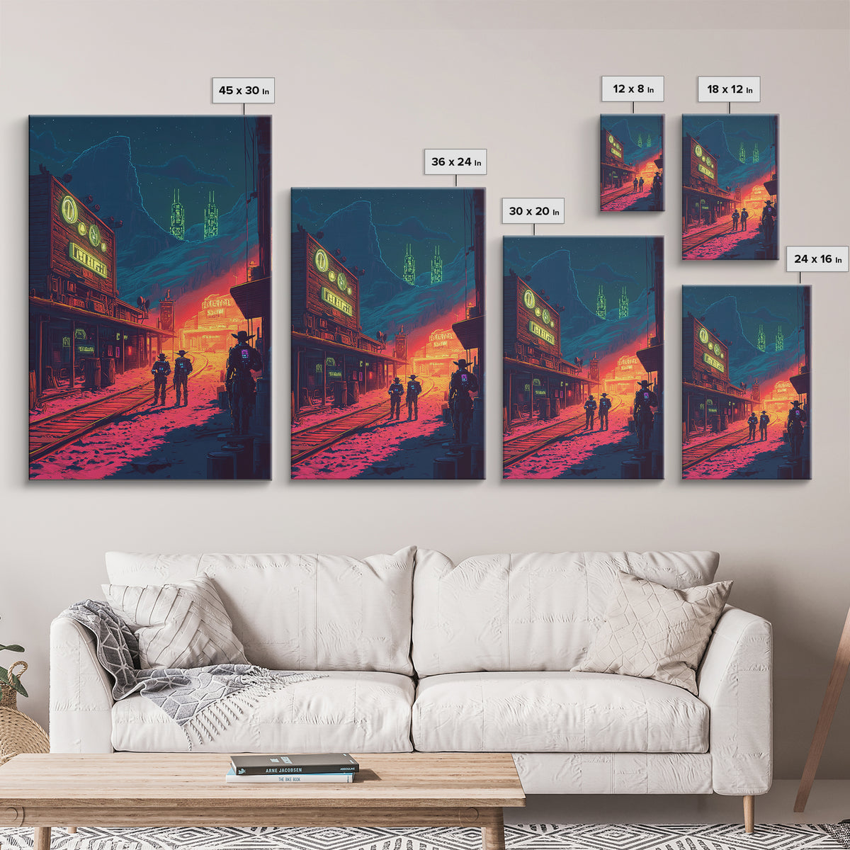 Neon Frontier Street With Cowboys Canvas Print, Cyberpunk Western Wall Art, Sci Fi Poster, Man Cave Gaming Room Decor Gift For Him
