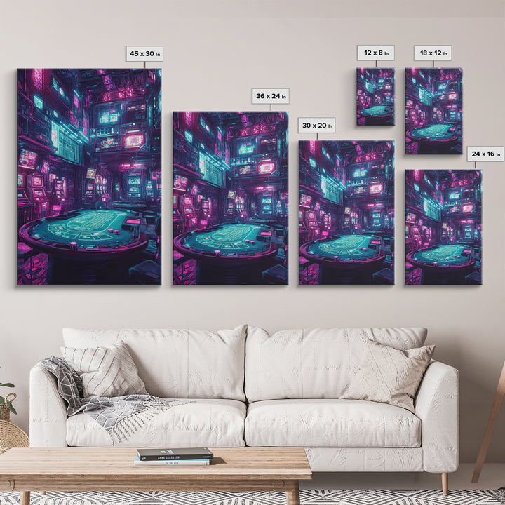 Cyberpunk Neon Casino Poker Room Wall Art, Futuristic Gaming Room Decor, Sci Fi Poster, Vaporwave Home Decor Print For Man Cave