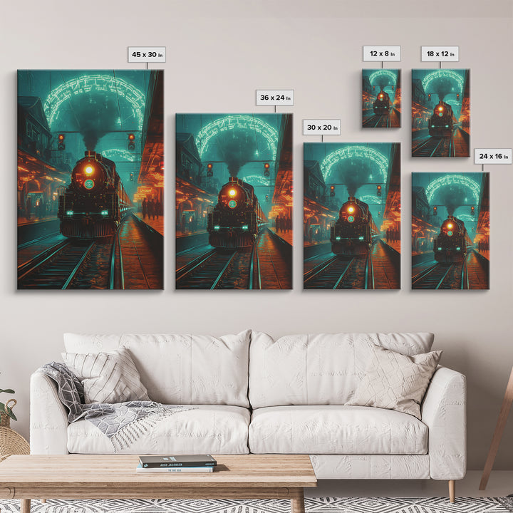 Steampunk Train Station Framed Canvas Print, Futuristic Wall Art, Sci Fi Decor, Industrial Travel Poster For Office Decor