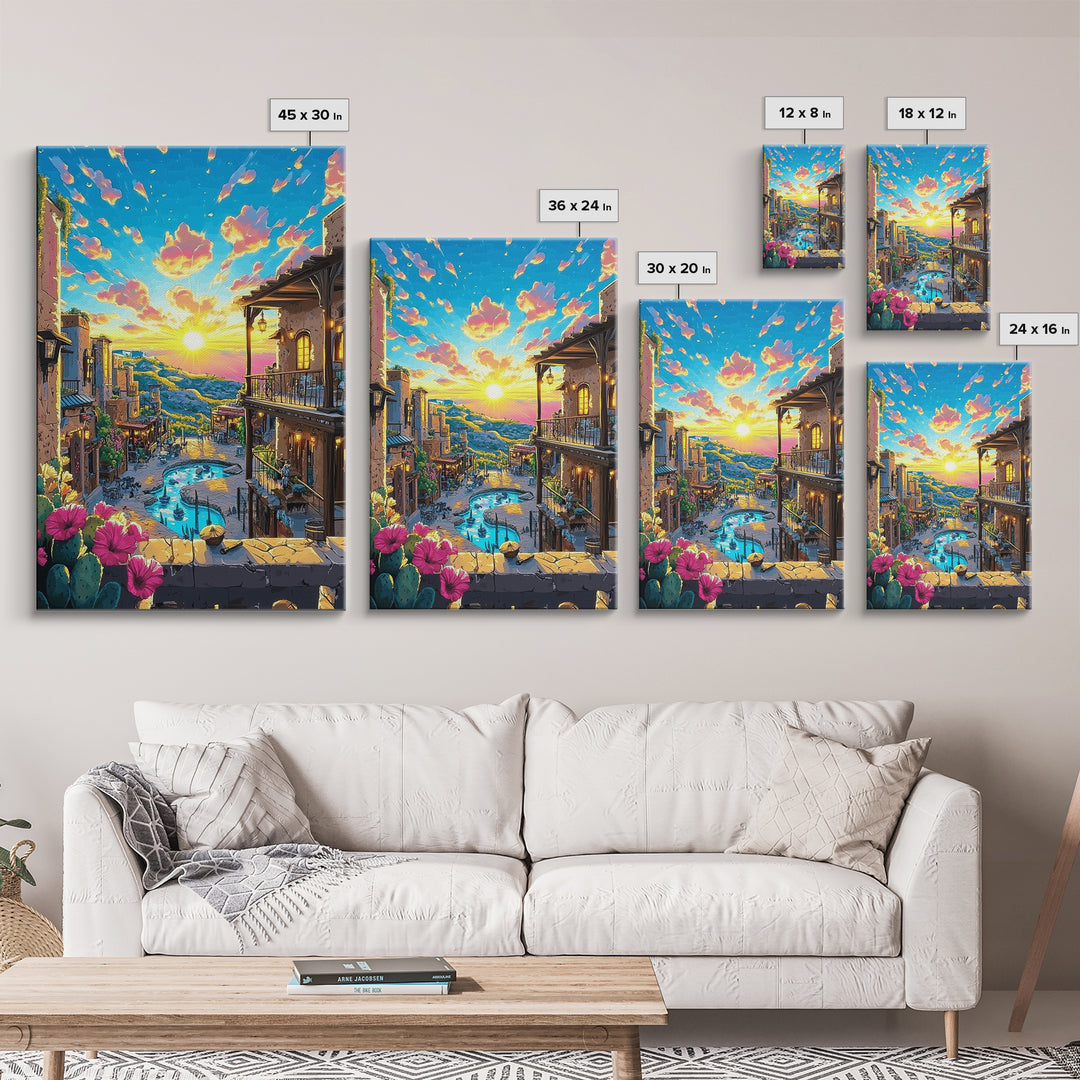 Mediterranean Sunset Village Wall Art, Vibrant Coastal Canvas Print, Travel Poster, Warm Home Decor For Living Room And Bedroom Decor