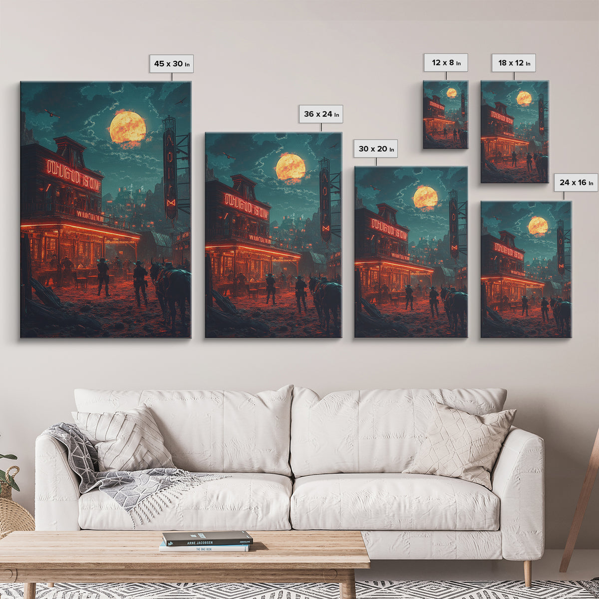 Dark Western Saloon Moon Wall Art, Moody Cowboy Canvas Print, Gothic Rustic Decor, Southwestern Poster For Man Cave Living Room Decor