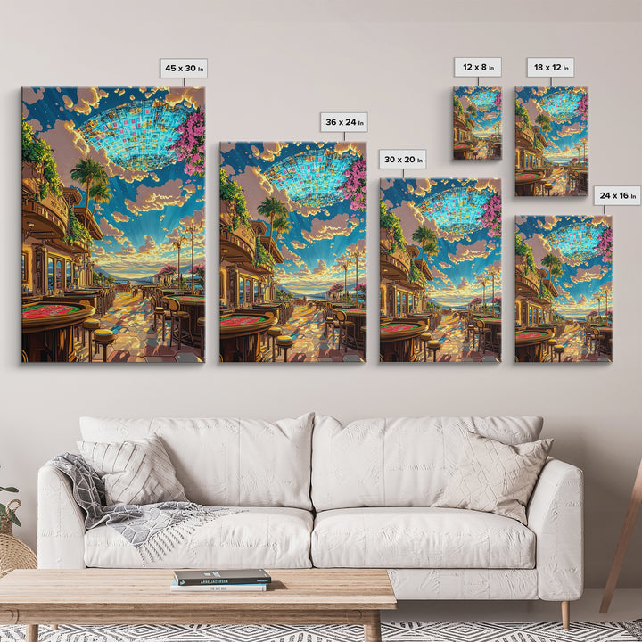 Coastal Casino Terrace UFO Canvas Print, Futuristic Travel Poster, Vibrant Coastal Wall Art, Maximalist Home Decor For Living Room