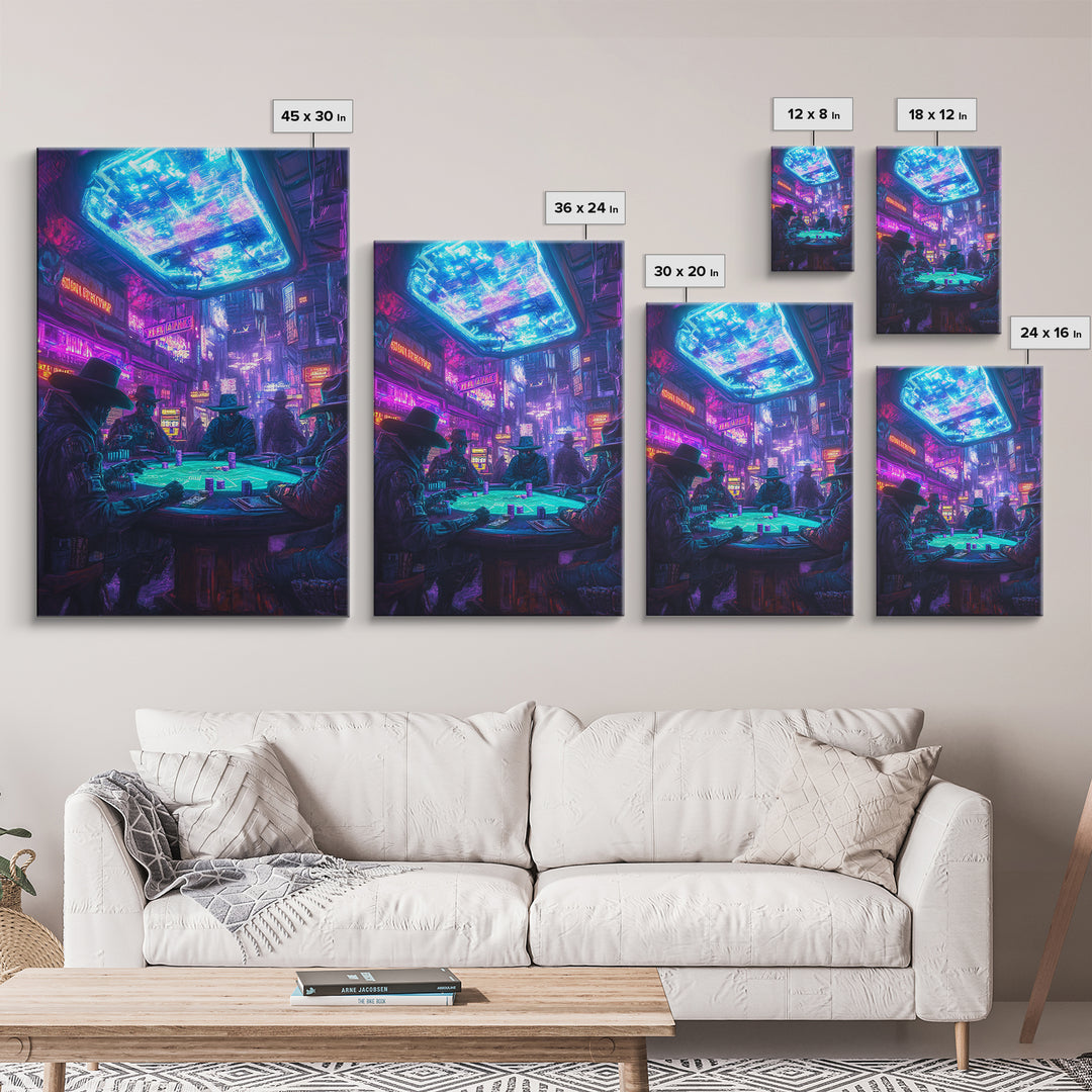 Cyberpunk Western Poker Game Wall Art, Neon Cowboy Canvas Print, Sci Fi Saloon Decor, Futuristic Man Cave Poster For Gaming Room Decor