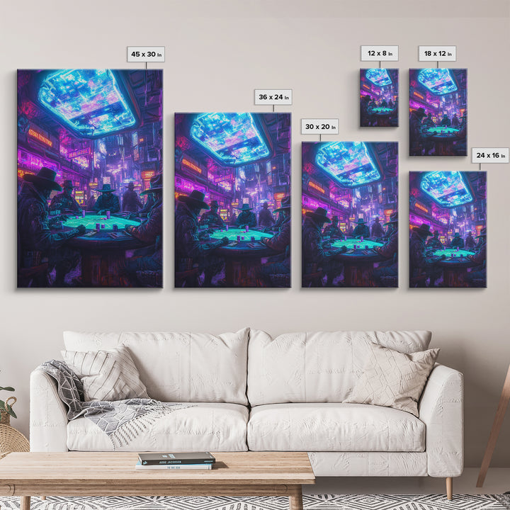Cyberpunk Western Poker Game Wall Art, Neon Cowboy Canvas Print, Sci Fi Saloon Decor, Futuristic Man Cave Poster For Gaming Room Decor