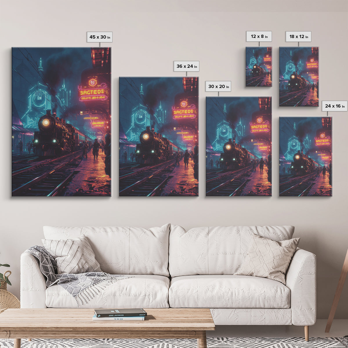 Neon Cyberpunk Steam Train Station Canvas Print, Futuristic Cityscape Wall Art, Sci Fi Decor, Gamer Room, Gift For Him, Modern Home Decor
