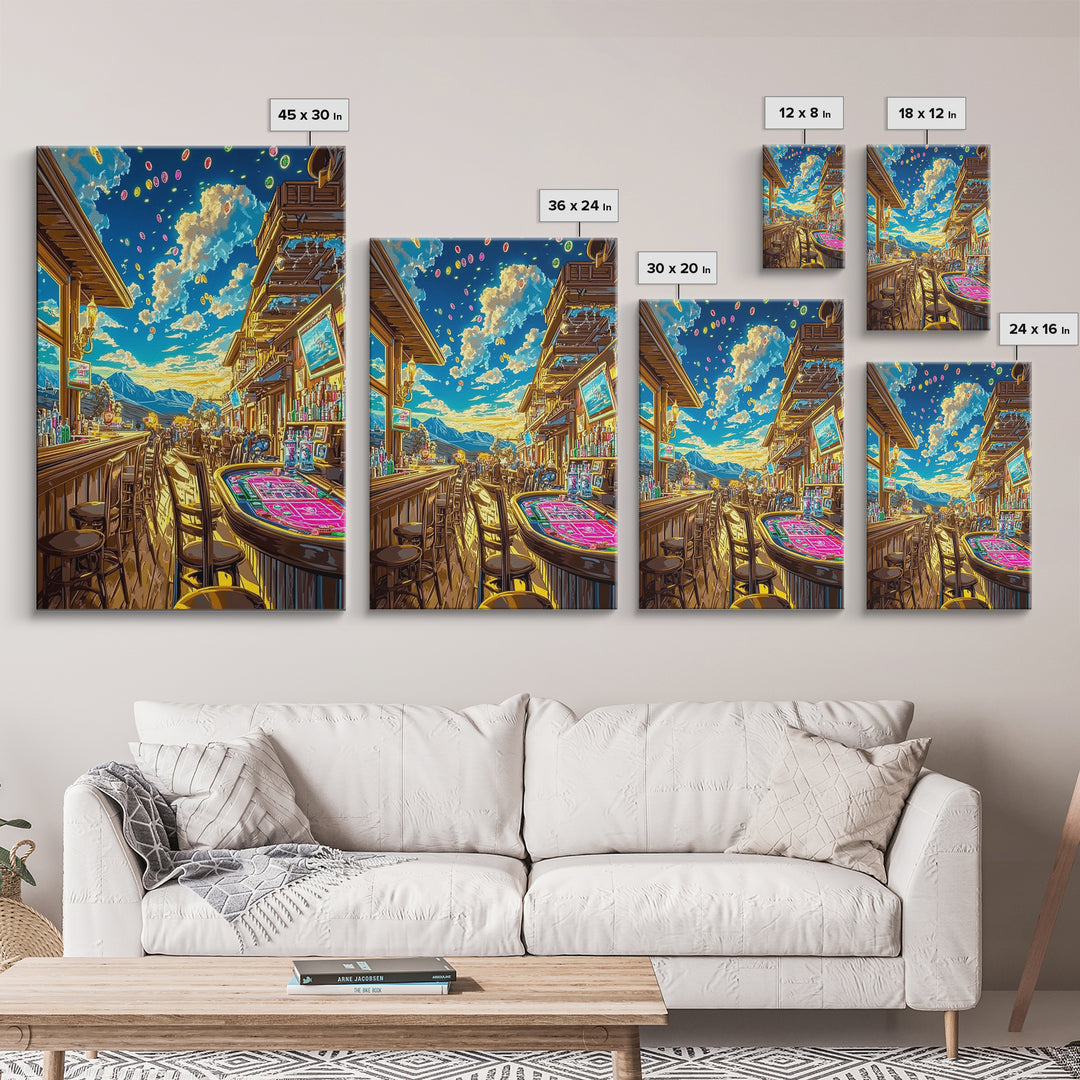 Sunlit Mountain Casino Bar Canvas Print, Colorful Western Wall Art, Game Room Decor, Man Cave Poster, Housewarming Gift Idea