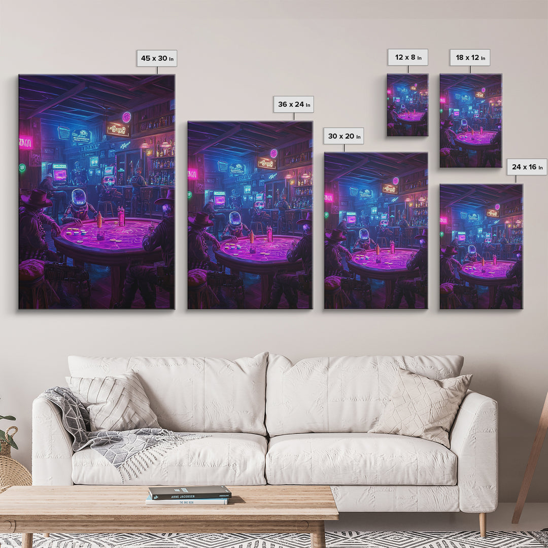 Neon Cyberpunk Poker Saloon Wall Art, Futuristic Western Canvas Print, Man Cave Decor, Game Room Art, Sci Fi Gift For Him