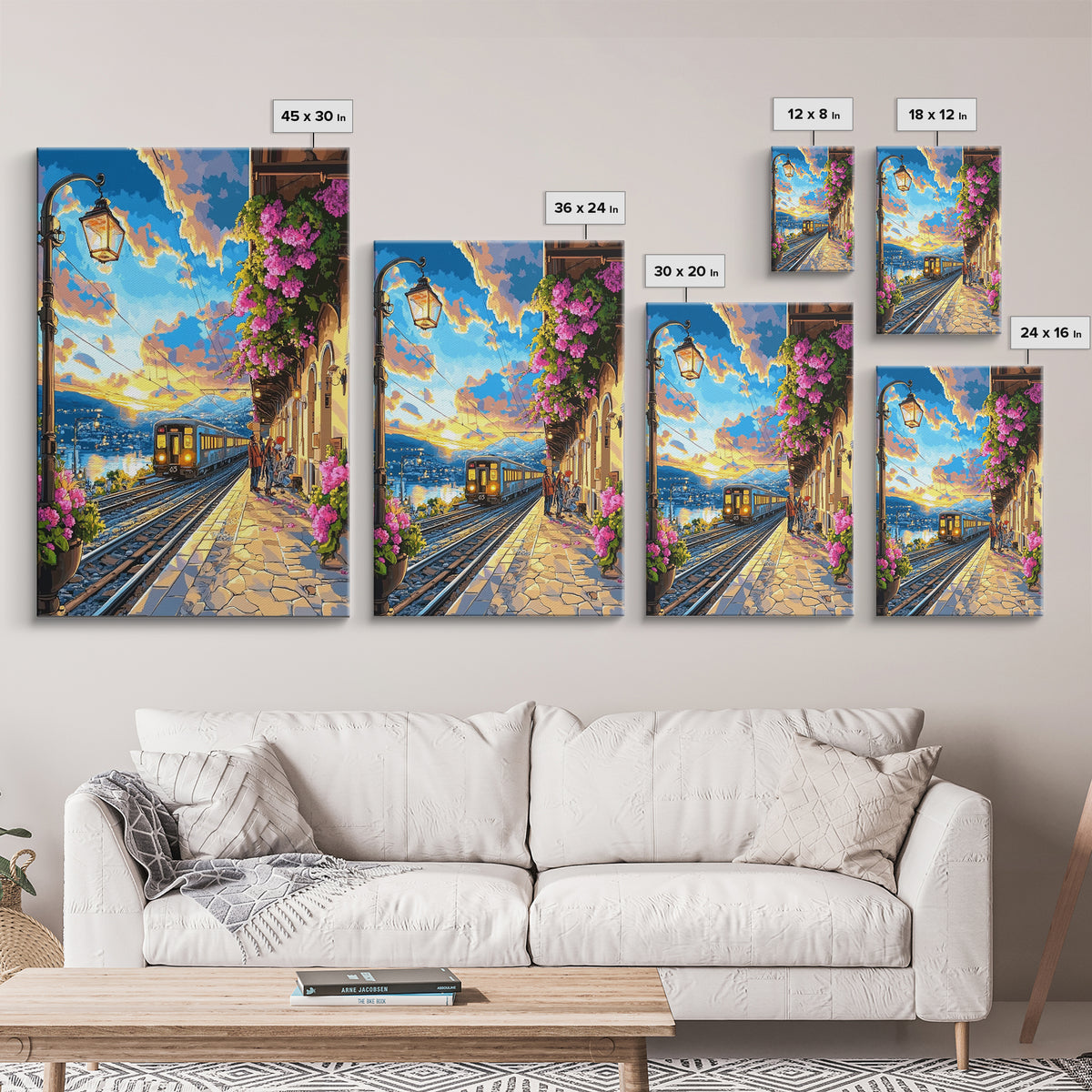 Coastal Sunset Train By Flowered Balcony Canvas Print, Mediterranean Wall Art, Travel Poster, Living Room Decor, Gift For Her